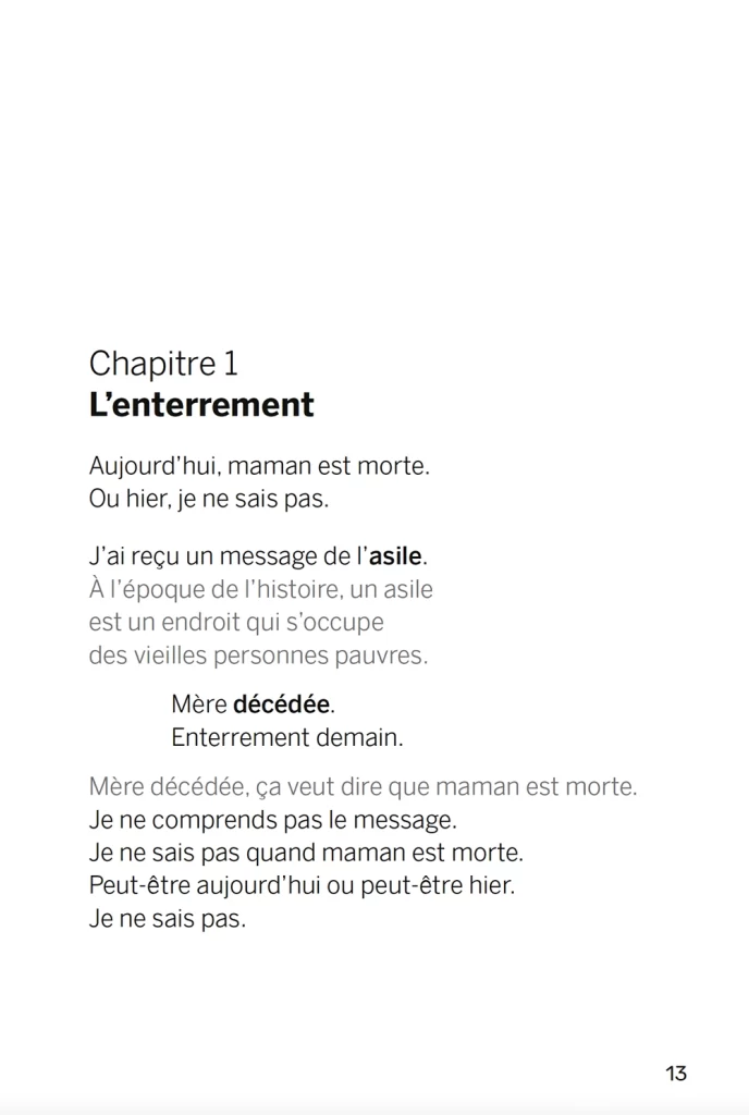 Etranger de Camus extrait FALC Editions Kilema