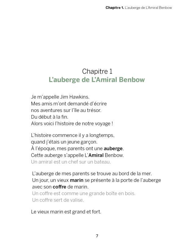 Début du Chapitre 1 de L'île au trésor de Robert Louis Stevenson traduit en Facile à lire et à comprendre (FALC) et publié par Kiléma Éditions.