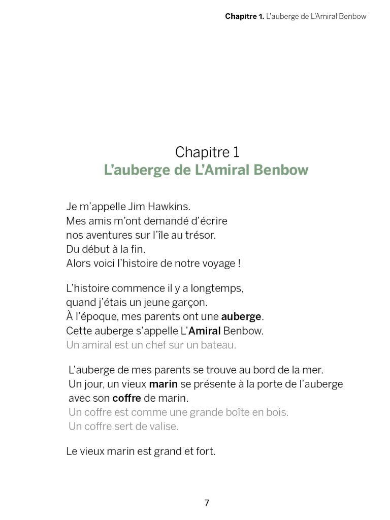 Début du Chapitre 1 de L'île au trésor de Robert Louis Stevenson traduit en Facile à lire et à comprendre (FALC) et publié par Kiléma Éditions.