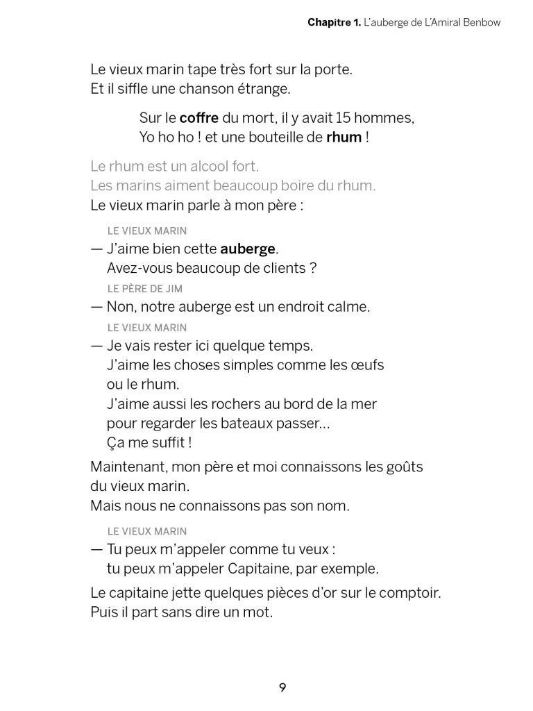 Suite du Chapitre1 de L'île au trésor de Robert Louis Stevenson traduit en Facile à lire et à comprendre (FALC) et publié par Kiléma Éditions.
