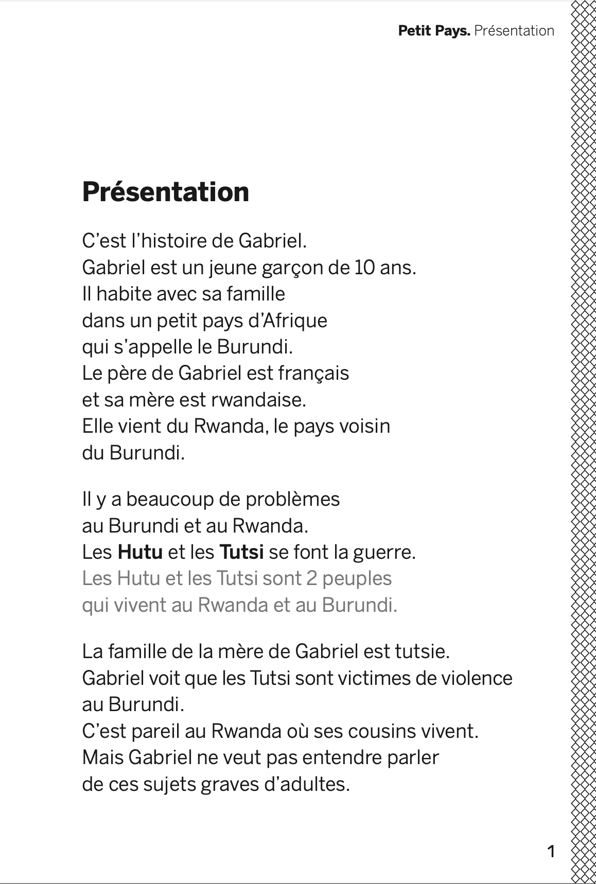 Page 1 du livre Petit Pays de Gaël Faye, édition en FALC