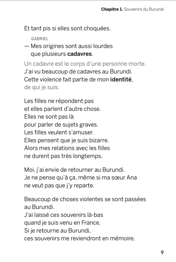 Page 9 du livre Petit Pays de Gaël Faye, édition en Facile à lire et à comprendre (FALC)