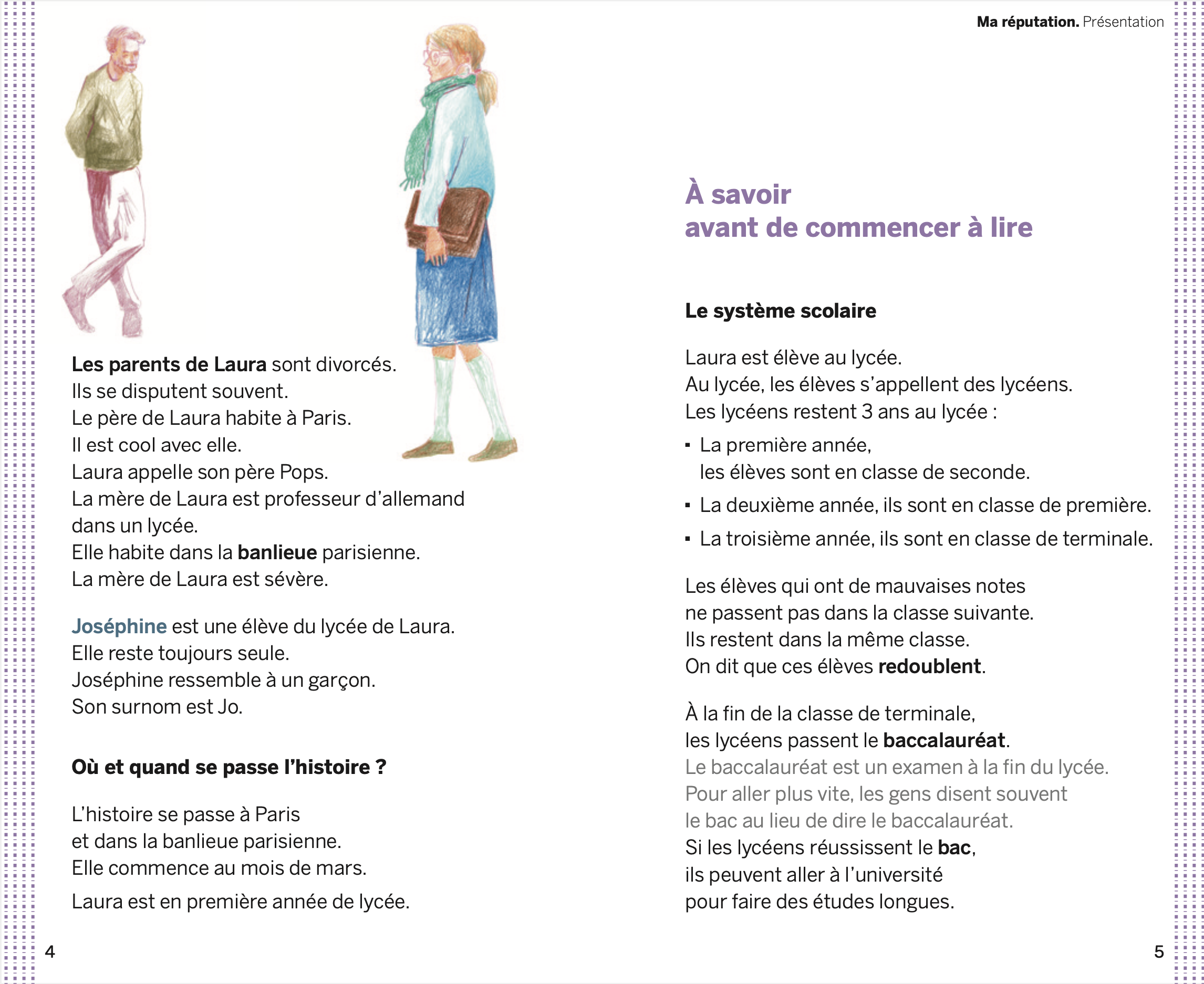 Double page intérieure numéro 4 et 5 du livre Ma réputation de Gaël Aymon, édition en Facile à lire et à comprendre (FALC)